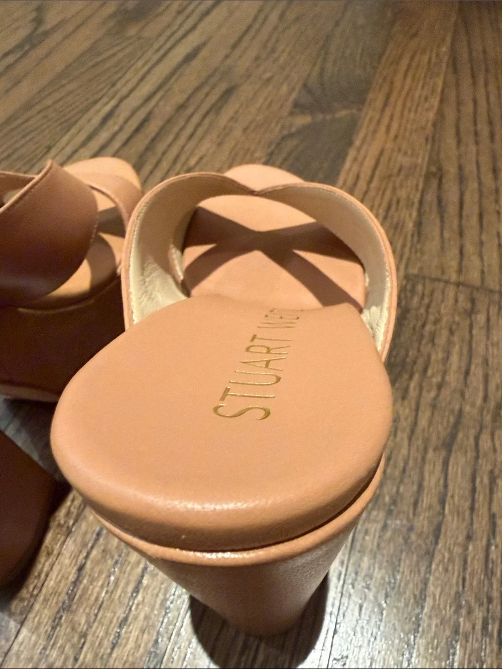 Stuart Weitzman Tan Leather Crisscross Platform Mules